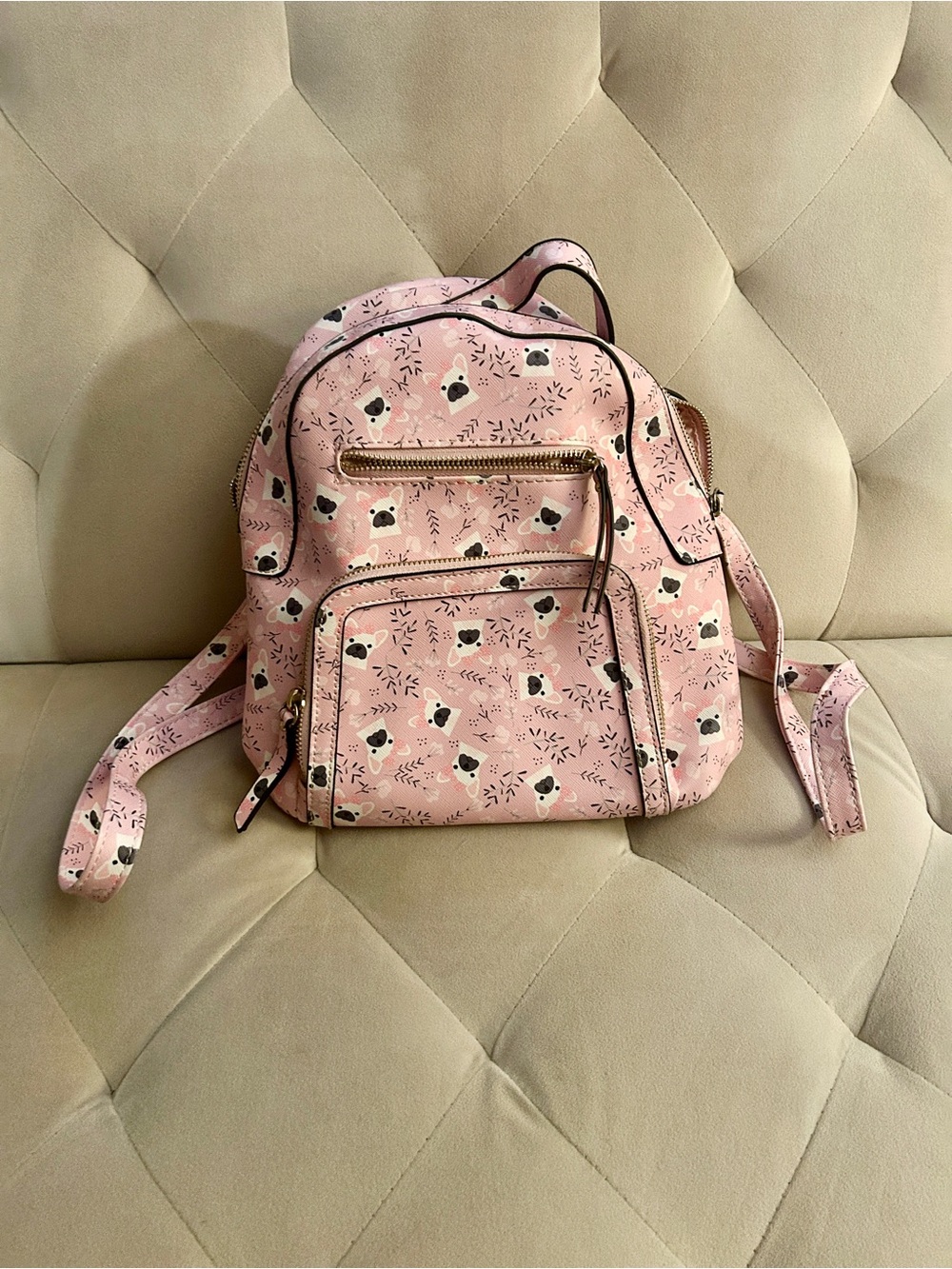 Pink Printed Mini Backpack - Cute Floral Pattern with girl pug dog